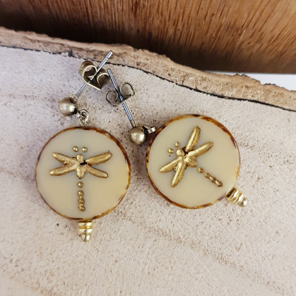Czech glass dragonfly earrings / beige gold
