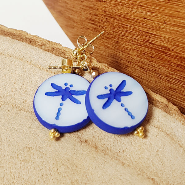 Dragonfly earrings Royal blue/white