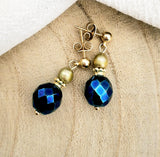 Royal retro olive pearl oorbellen/facet blauw