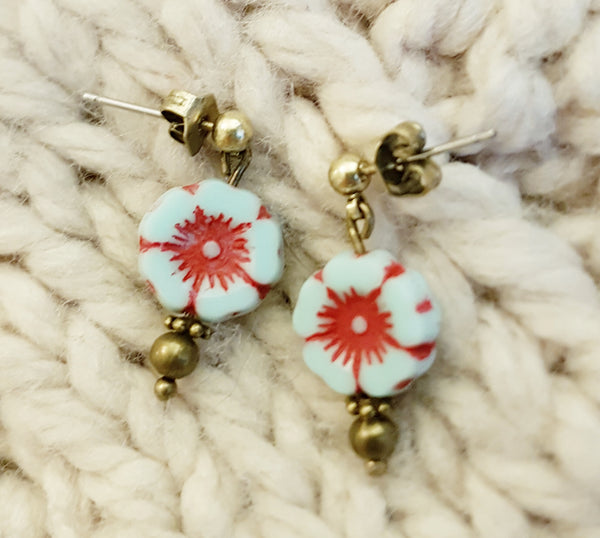 Czech flower earrings/ turquoise red